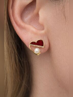 SOIGNÉ Red Heart Pearl Rhinestone Stud Earrings Gold Tone Romantic